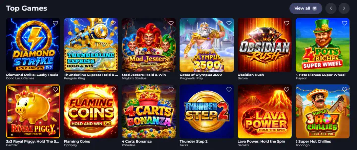 Top casino games at Jokabet featuring Diamond Strike, Mad Jesters, Gates of Olympus 2500 and other slot titles